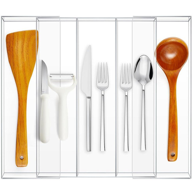 Teenyyou Expandable Kitchen Drawer Organizer Clear Acrylic Utensil Organizer Adjustable Acrylic Silverware Storage for Kitchen Drawers Silverware Flatware Knives(3-5 Compartments,12 x 16 Inches)