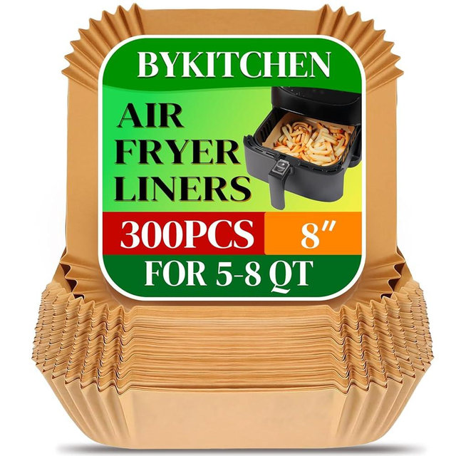 BYKITCHEN 300PCS Disposable Air Fryer Paper Liners for Ninja AF141 5 QT Pro AF181 6.5QT, Cosori Chefman 6 QT &Other 5 to 8Qt Airfryer, 8in Square Air Fryer Parchment Paper, Airfryer Basket Accessories