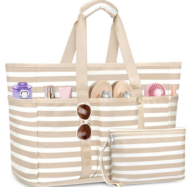 TEUEN Large Beach Bag with Zipper, 12 Pockets Waterproof Sandproof Pool Bag Womens Mesh Beach Tote Bag for Travel Vacation