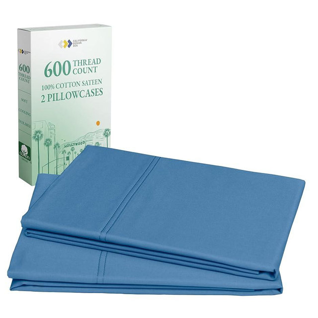 Pillow Cases Queen/Standard Set of 2 - Luxury 600 Thread Count Sateen, Natural 100% Cotton Cooling Pillow Case Pair, Crisp, Cool and Durable Hotel Quality Bedding - Parisian Blue