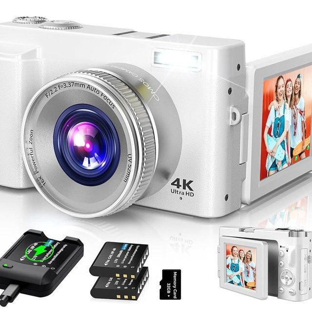 4K Digital Camera for Photography Autofocus, 2024 Latest 48MP Vlogging Camera for YouTube with SD Card, 2 Batteries, 3" 180°Flip Screen Compact Travel Camera for Teens with 16X Zoom (Off White)