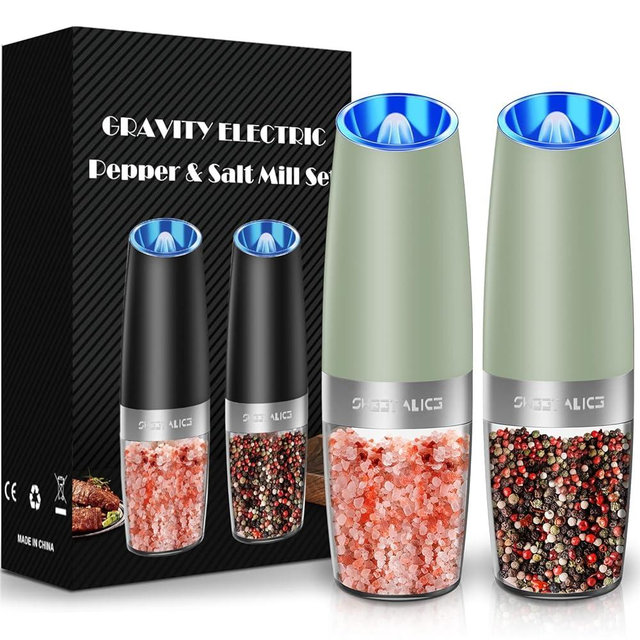 Sweet Alice Gravity Electric Pepper and Salt Grinder Set, Adjustable Coarseness, Battery Powered with LED Light, One Hand Automatic Operation,Light Green, 2 Pack