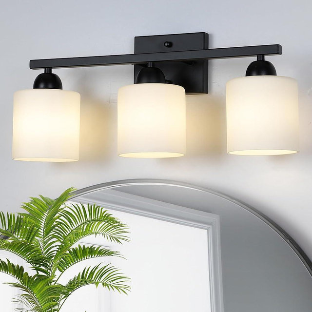 Mecgirn Milk Glass Bathroom Vanity Light Over Mirror, 3 Light Matte Black Bathroom Light Fixtures with Frosted Glass, Modern Vanity Lighting Wall Mount