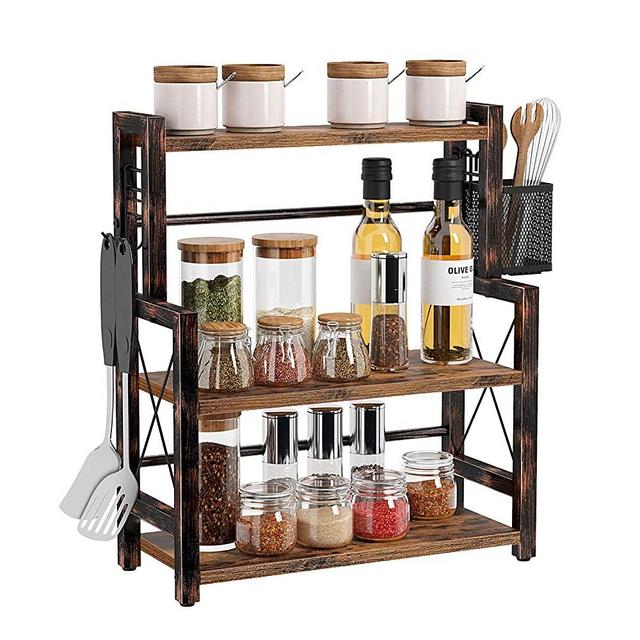Rolanstar Spice Rack Organizer, 3 Tier Kitchen Bathroom Countertop Storage Shelf with a Wire Basket and 2 S-Hooks, Standing Wood Rack Storage for Spices, Cutlery or Bathroom Accessories, Rustic Brown