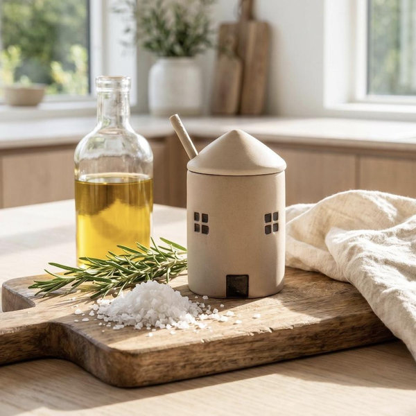 Beige House Ceramic Salt Cellar with Spoon