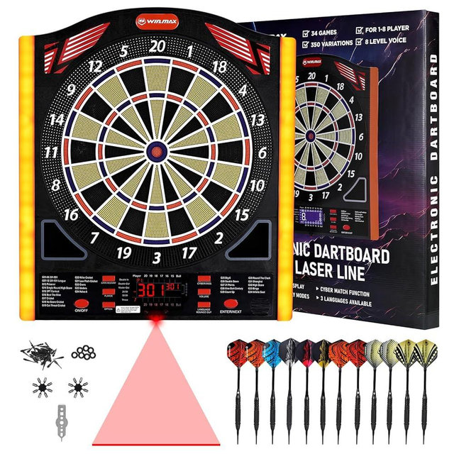 Professional Electronic Dartboard Set with Laser Toe Line, 34 Games & 350 Modes, 1-8 Players, Includes 12 Darts, Suitable for Batteries/Adapters