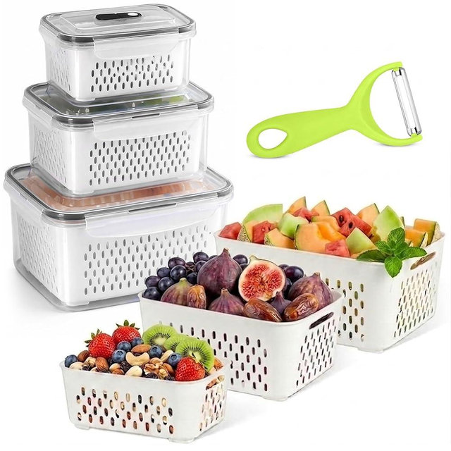 3 Pack Fridge Organizer for Fruit – Fruit Containers for Fridge with Removable Colander, BPA-Free Plastic Produce Keepers for Berry & Meat, Keeps Food Fresh Longer
