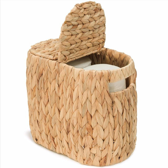 Toilet Paper Basket with Lid, Woven Natural Water Hyacinth Toilet Paper Storage, Papers Container for 4 Mega Rolls, Storage Holder with Built-in Handles, Slim Bathroom Stand Basket Organizer for Decor