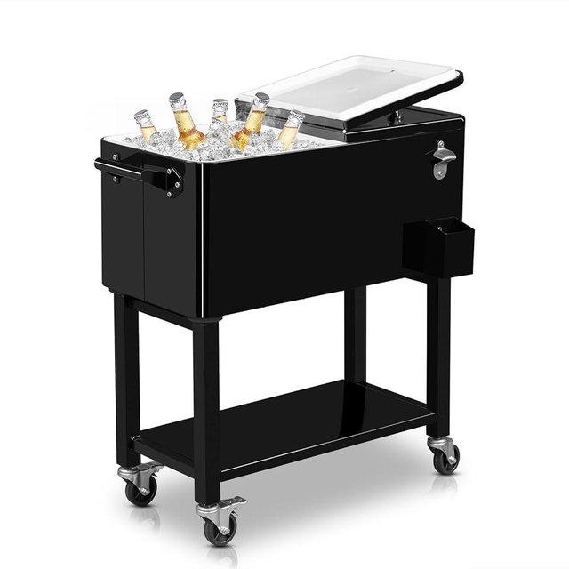 VINGLI 80 Quart Rolling Ice Chest on Wheels, Portable Patio Party Bar Drink Cooler Cart, with Shelf, Beverage Pool with Bottle Opener,Water Pipe