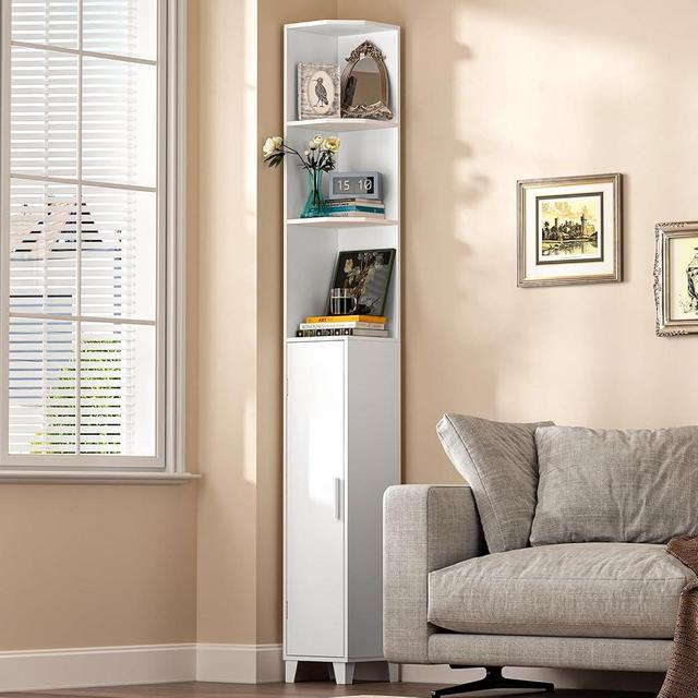 MOHOPE Corner Shelf with Cabinet, 74.8" Tall Corner Cabinet with Door, 5-Tier Narrow Bookshelf with Adjustable Shelves, Display Cabinet for Living Room, Bathroom, Dining Room, Small Space, White