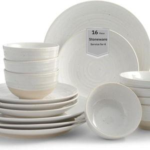Sango Siterra 16-Piece Rustic White Stoneware Dinnerware Set – Service for 4, White with Glossy Speckle Overlay, for Everyday Dining & Entertainment, Microwave & Dishwasher Safe