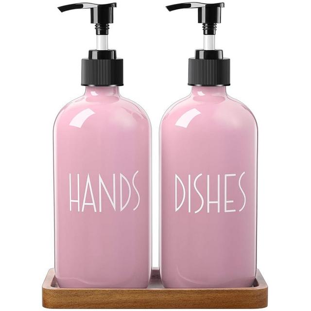 ALELION Dish Soap Dispenser for Kitchen - 16 OZ Glass Hand Soap Dispenser Set with Acacia Wood Tray - Pink Kitchen Bathroom Decor and Accessories