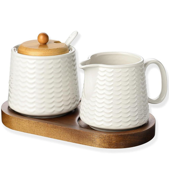Ceramic Sugar and Creamer Set, Porcelain Coffee Serving Set with Cream Pitcher, Sugar Bowl, Lid & Spoon, 10 Ounce Creamer Container and Sugar Pot (CTNAIXSMU2)