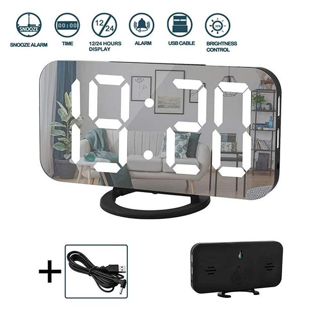Digital Alarm Clock,6" Large LED Display with Dual USB Charger Ports | Auto Dimmer Mode | Easy Snooze Function, Modern Mirror Desk Wall Clock for Bedroom Home Office for All People