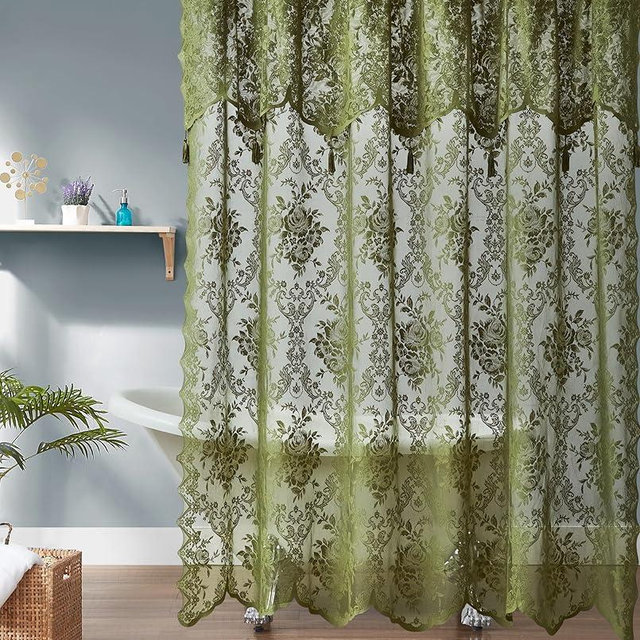 Warm Home Designs Sage Green Lace Shower Curtain 72 x 72 with Attached Valance & 7 Tassels. Luxury Farmhouse Shower Curtains for The Bathroom or Boho Shower Curtains for Bathroom. LA Sage 72"