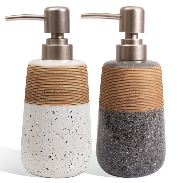2 Pcs Ceramic Soap Dispenser Set, 15 Oz Refillable Liquid Soap Dispensers with Embossed Texture for Bathroom Countertop and Kitchen Sink, Hand Soap, Dish Soap & Lotion Bottles, Modern Home Decor