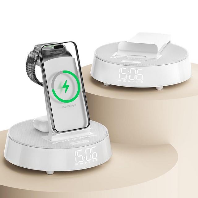 Alarm Clocks for Bedrooms with Wireless Charging Station, iPhone Charging Station with Dimmable Night Light Bluetooth Speaker, Wireless Charger for iPhone 16 15 14 13 Pro Max, Apple Watch, AirPods 3