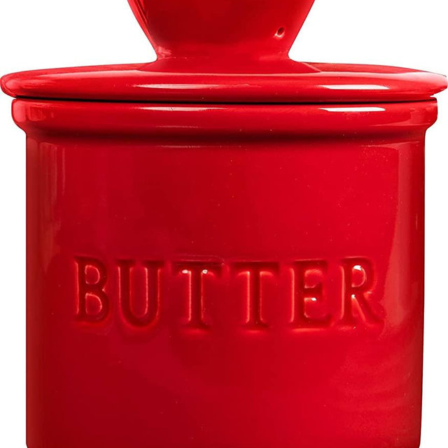 PriorityChef French Butter Crock for Counter, Butter Keeper With Water Line for Fresh Spreadable Butter, Farmhouse Style Ceramic Butter Keeper for Countertop, Holds 1 Stick, Red