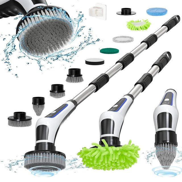Elegoro Electric Spin Scrubber,IPX7 Waterproof Cordless Cleaning Brush, Bathroom Scrubber with Adjustable Handle and 9 Replaceable Brush Heads,3-speeds,Electric Rotary Scrubber for Bathroom,Tub,Tile