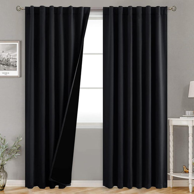 BGment Full Blackout Curtains with Thermal Insulation Liner Curtains 95 Inches Long, Rod Pocket and Back Tab Double Layer Room Darkening Window Curtain for Bedroom(52 x 95 Inch, 2 Panels, Black)