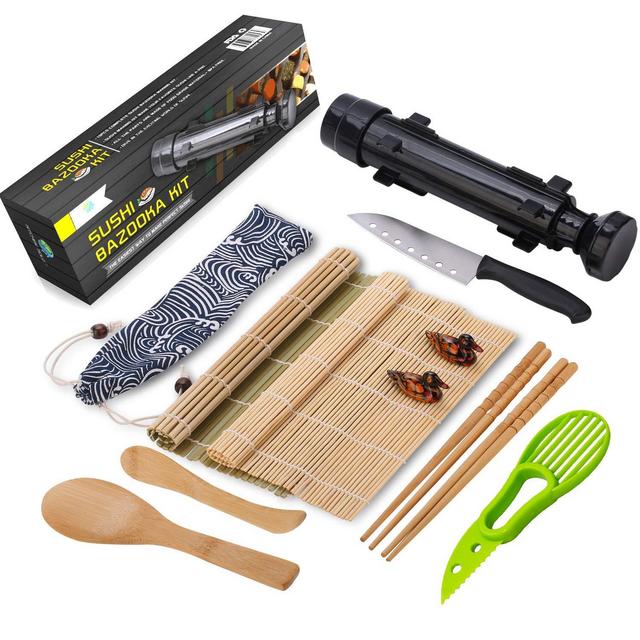 Kitchen Solo - Sushi Making Kit - All In One Sushi Bazooka Maker with Bamboo Mats, Bamboo Chopsticks, Avocado Slicer, Paddle,Spreader,Sushi Knife, Chopsticks Holder, Cotton Bag - DIY Sushi Roller Machine - Black