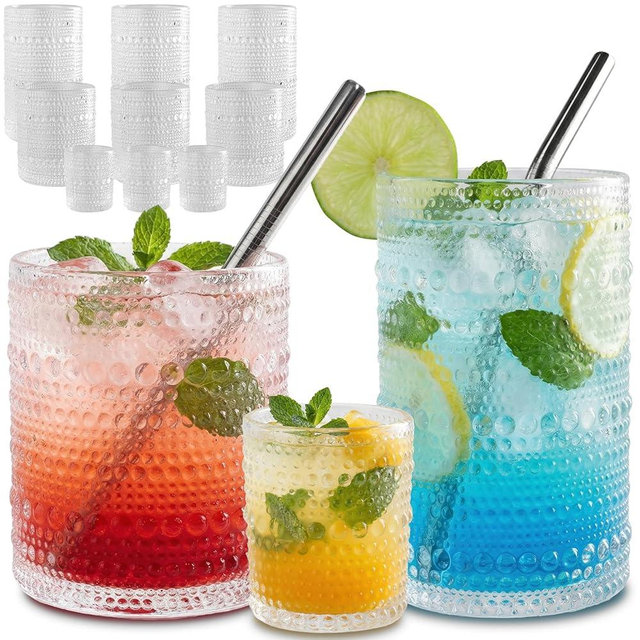 CycleMore Set of 12 Vintage Hobnail Drinking Glasses, 12oz + 10oz + 4oz Clear Glass Cups, Mixed Sizes Kitchen Water Glasses Cup, Bar Tumbler Glassware for Juice, Cocktail, Whiskey, Smoothie, Espresso