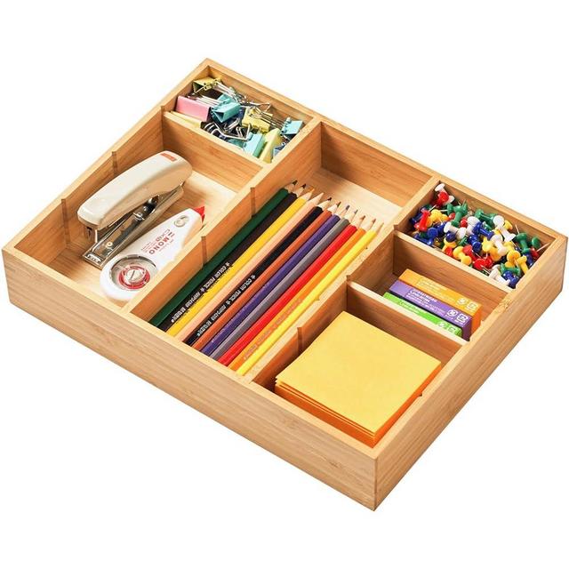 Umilife Office Desk Organizer for Drawer and Desktop, Customizable Deep Compartments, Bamboo Tray for Office Supplies Stationery, 9" x 12"
