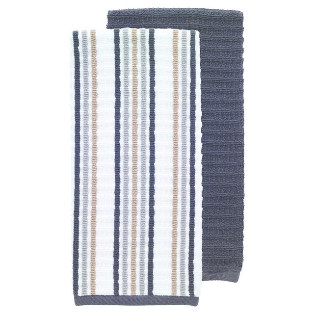 2pk Solid & Striped Waffle Terry Kitchen Towels Blue - T-Fal