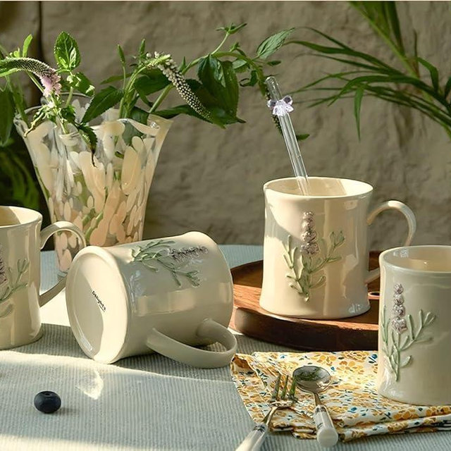 Artisanal Handcrafted Ceramic Mug with Sage Botanical Design - 10oz Off-White Stoneware Coffee Cup, Elegant Purple Sage Pattern, Dishwasher Safe, Comfort Grip Handle for Daily Use-4pack