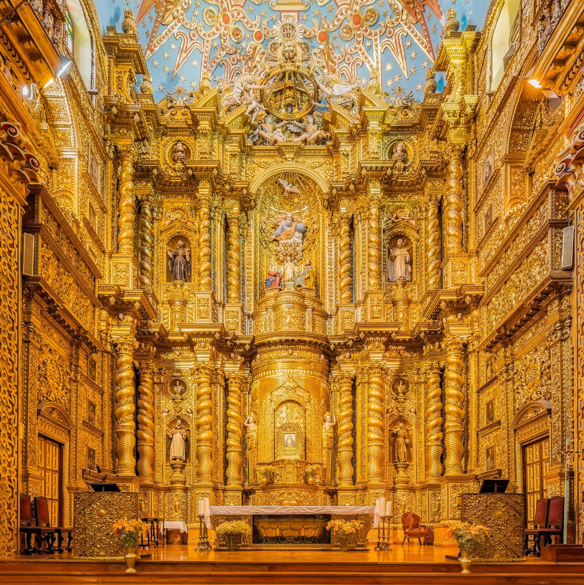 Quito - La Iglesia de la Compañía is one of Quito’s most stunning churches. Its interior is completely covered in gold. This is considered one of Ecuador’s most breathtaking architectural treasures.