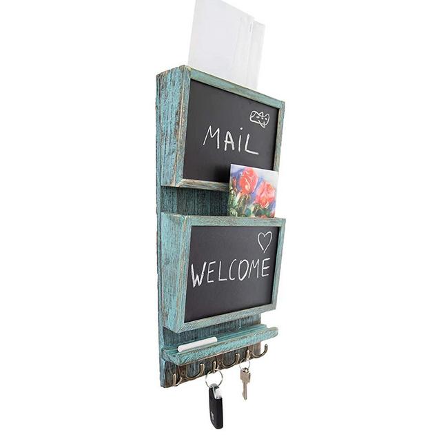 Rustic 2-Slot Mail Sorter Organizer for Wall with Chalkboard Surface & 3 Double Key Hooks - Wooden Wall Mount Mail Holder Organizer – Wall Décor for Entryway Made of Paulownia Wood - Rustic Blue