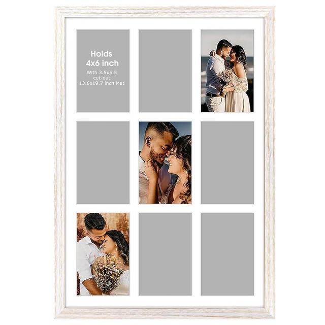 Golden State Art, 13.6x19.7 Distressed White Wooden Collage Frame - White Mat - Fits Nine 4x6 Photos/Pictures - Sawtooth Hanger - Swivel Tabs - Wall Mounting - Landscape/Portrait - Real Glass