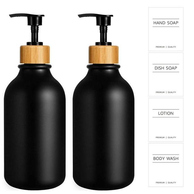KASUNTING Black Soap Dispenser, 2 Pack Hand Soap Dispenser Bathroom with Bamboo Pump, 16 Oz Plastic Hand and Dish Dispenser Set for Kitchen, Refillable Liquid Soap and Lotion Dispensers Bottle