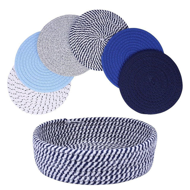 Trivets for Hot Dishes, MuieorVue Hot Pads for Kitchen, Pot Holders，Heat Resistant Mats for Countertop，8 Inch for Hot Pots and Pans with Storage Basket，Hot Plate Mat，Farmhouse Decor(8" Blue)