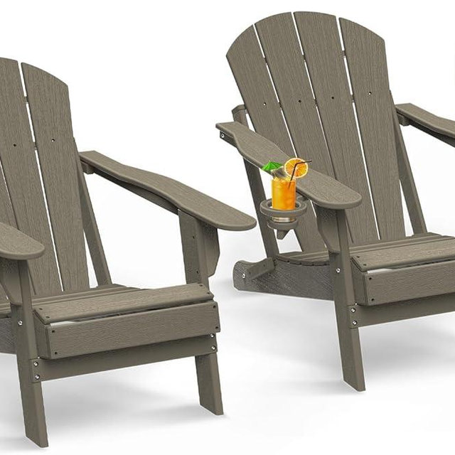 GREENVINES Folding-Adirondack-Chair-Set-of-2 | Wood Grain | HDPE Plastic | Fire Pit Chairs | All Weather | Cup Holder | Desert Brown | for Deck Backyard Patio Outdoor