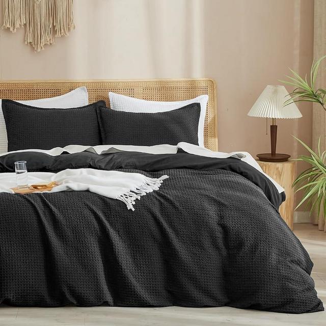 PHF Waffle Weave Duvet Cover Set King Size, 3 Piece Ultra Soft Breathable Durable Comforter Cover for All Season, Waffle Textured Duvet Cover with 2 Pillow Shams Bedding Collection,104"x90",Black