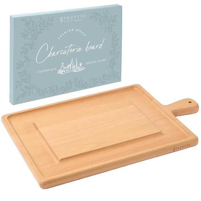 Grazerie Charcuterie Board - Beech Wood Cutting Board for Kitchen with Groove & Handle, Cheese Board for Vegetables, Bread, Fruits, Meat - Decorative Wooden Serving Tray House Warming Gift