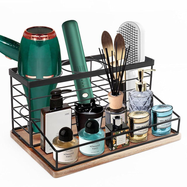 Siyzda Hair Tool Organizer, Movable Hair Dryer Holder, Hair Styling Tools Storage for Vanity, Bath Counter Organizer, Bathroom Trays for Hair Toiletry, Makeup (12" x 7.7" x 5.8", Wood-Black)