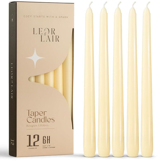 Leor & Lair Ivory Taper Candles - 12 Pack 10" Ivory Candlesticks - Unscented Cream Candle Sticks for Home Decoration, Holiday Tables, Weddings, Restaurants & Business Events