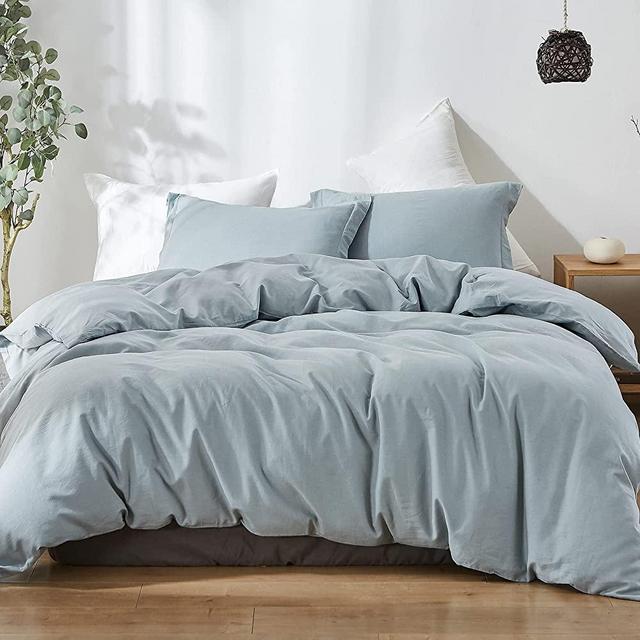 Simple&Opulence French Linen Duvet Cover Set - Queen Size(88" x 92")- 3 Pieces (1 Comforter Cover,2 Pillowcases)- Natural Flax Cotton Blend-Solid Color Breathable Farmhouse Bedding-Dusty Blue