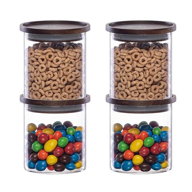 Essos Glass Jars with Wood Lids Set (4) of 22 fl oz Airtight and Stackable Storage Containers for the Kitchen or Pantry Canister Wooden Lid holds Food Cookies Coffee Pasta