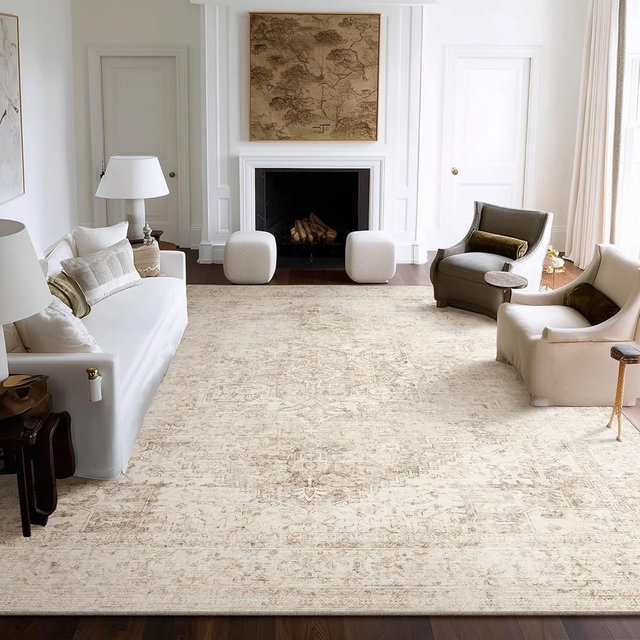 Machine Washable Rugs for Living Room: 9x12 Area Rugs for Bedroom Ultra Soft Non-Slip Low Pile Vintage Distress Boho Large Carpet for High-Traffic Dining Room - Farmhouse Decor