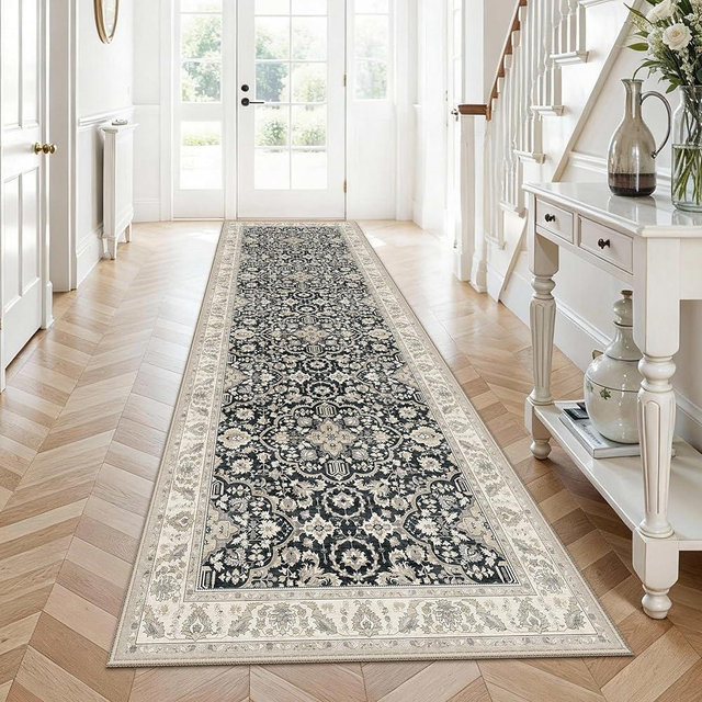 YAMEIJING Non Slip Runner Rug for Hallway Long Carpet Runners 3x10 Black Beige - Soft Thin Washable Stain and Spill Resistant for Wide Entryway Laundry Room - Distressed Vintage Kitchen Rugs