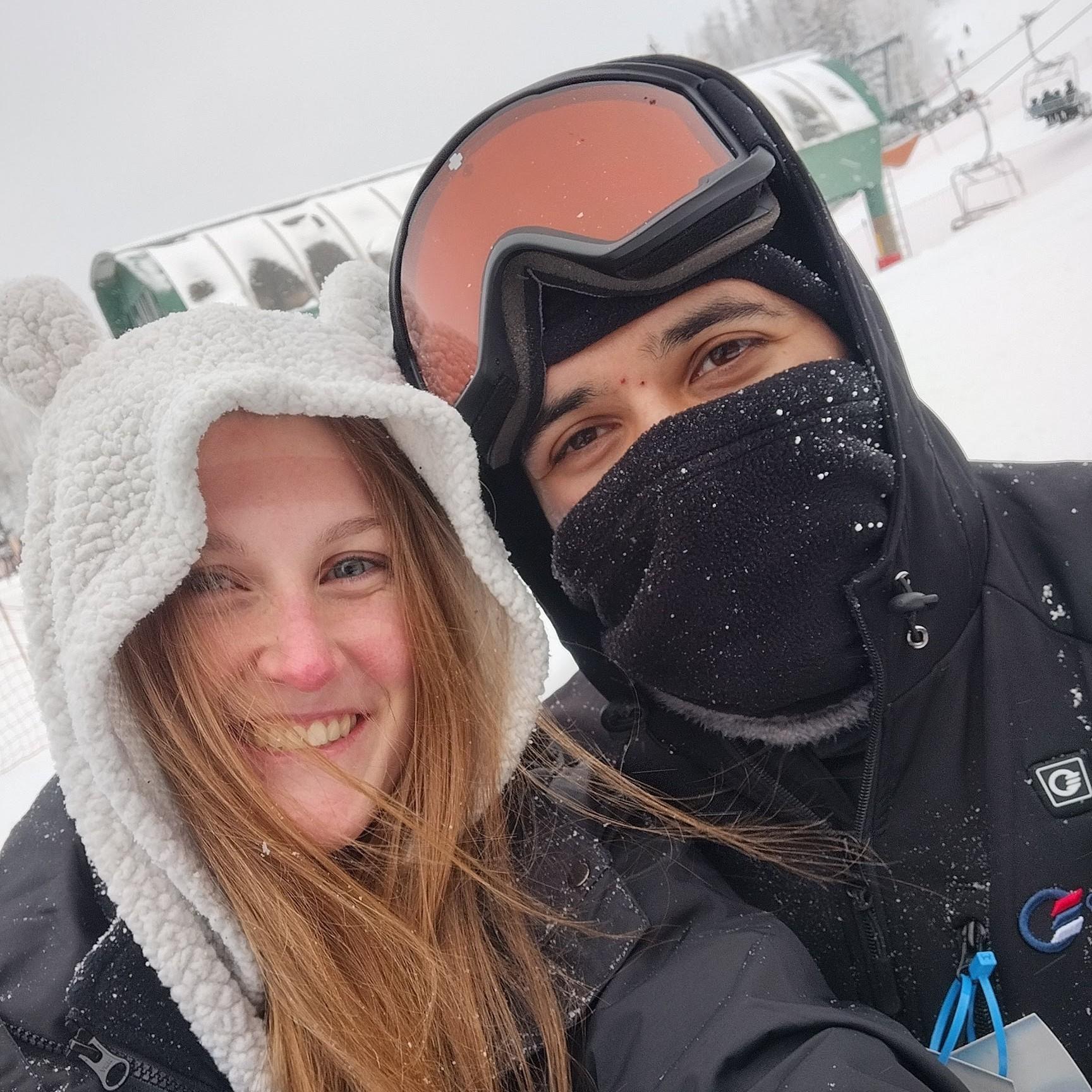 His first time snowboarding!