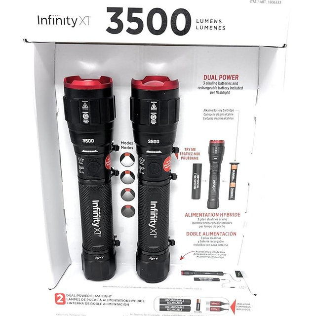 Infinity X1 3500 Lumen Dual Power Flashlight 2-Pack – High-Performance LED, Rechargeable or Alkaline Powered, 4 Light Modes, USB-C Charging, Includes Batteries and Cables