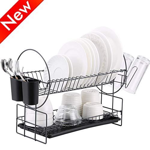 2 Tier Dish Drying Rack, Kitchen Organizer with Drainboard/Cutlery Cup (Gray)