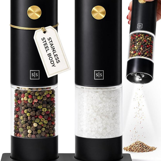 Electric Salt and Pepper Grinder Set Rechargeable – Black and Gold Salt and Pepper Shakers with USB-C Charging, Adjustable Grind, LED Light, One Touch Control, Stainless Steel Body
