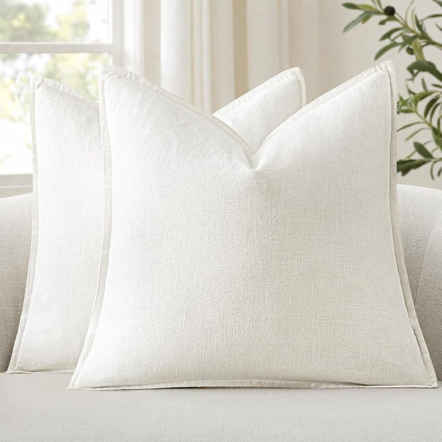 ANRODUO Pack of 2 Decorative Linen Pillow Covers Cream White Neutral Farmhouse Boho Soild Cushion Case Soft Accent Pillowcase for Couch Sofa Bedroom Living Room Summer Home Decor 20 x 20 Inch