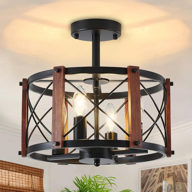 4-Light Farmhouse Wood Semi Flush Mount Ceiling Light, Black Hallway Light Fixtures, Rustic Industrial Close to Ceiling Light Fixtures for Kitchen Entryway Laundry Dining Room Ceiling Light Fixture