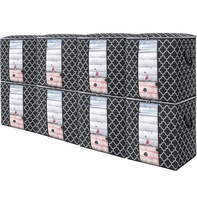 WISELIFE Storage Bags 8 Pack/100L Large Blanket Clothes Organization and Storage Containers for Comforters,Bedding, Foldable Organizer with Reinforced Handle, Clear Window, Sturdy Zippers,Black